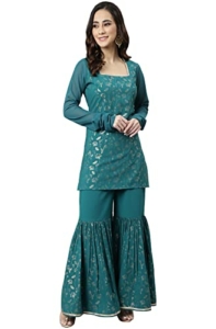 Janasya Women’S Teal Crepe Gold Print Kurta With Gharara